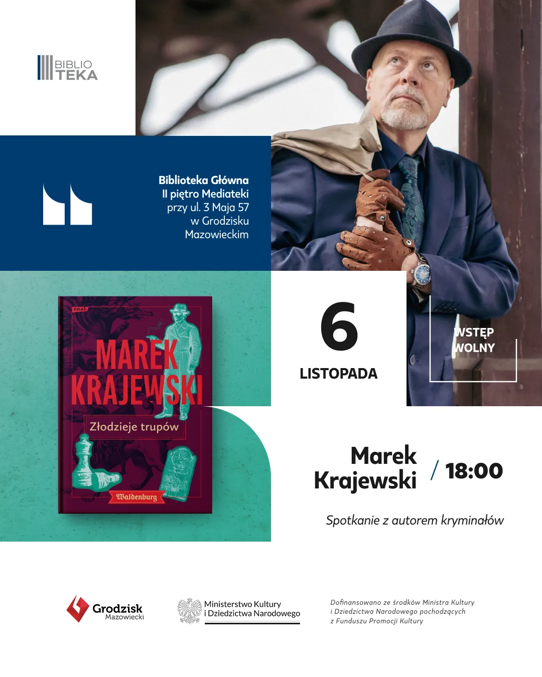 Spotkanie z autorem kryminałów Markiem Krajewskim (PJM) – plakat wydarzenia