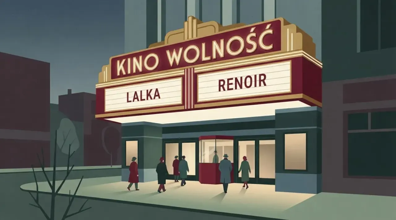 Klasyczny szyld kina "Kino Wolność" z podświetlonymi tytułami filmów "Lalka" i "Renoir". Małe, bezimienne postacie…