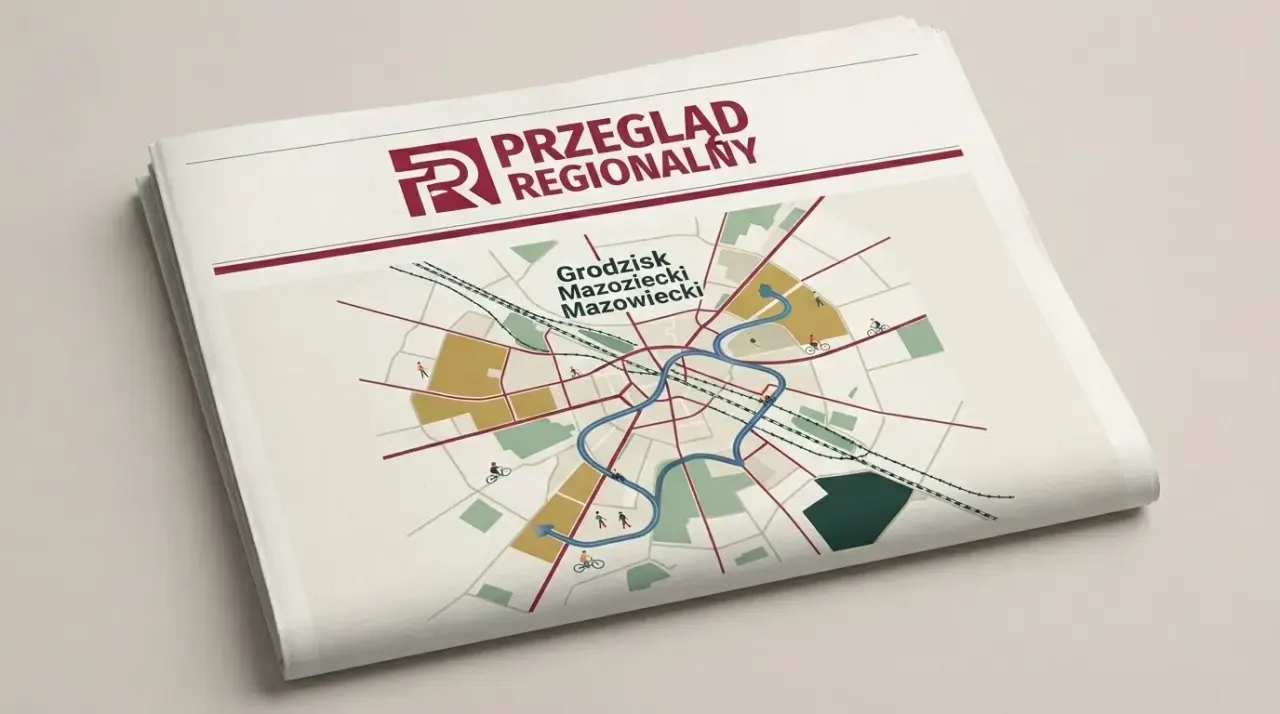 Zbliżenie na gazetę 'Przegląd Regionalny' z mapą Grodziska Mazowieckiego i ilustracją ścieżki rowerowej.