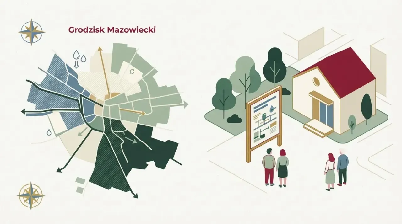 Mapa Grodziska Mazowieckiego z zaznaczonymi obszarami kanalizacji grawitacyjnej i ciśnieniowej. Małe postacie oglądają…