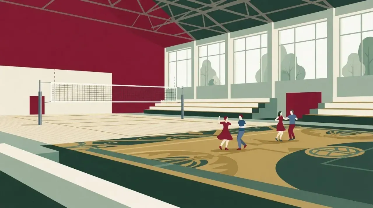 Wnętrze hali sportowej z siatką do siatkówki w tle i tańczącymi, zamazanymi postaciami na parkiecie.