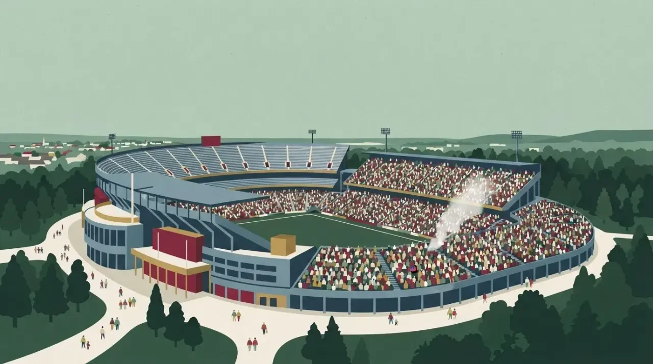 Stadion piłkarski z niewielkimi postaciami na trybunach i małym dymem unoszącym się z jednej sekcji.
