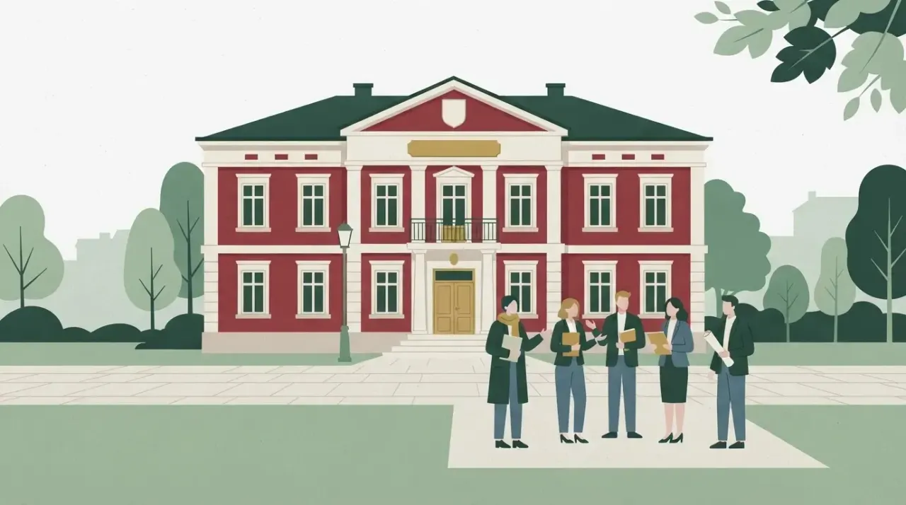 Budynek urzędu gminy Jaktorów z niewielką grupą ludzi symbolizujących nauczycieli przed wejściem.