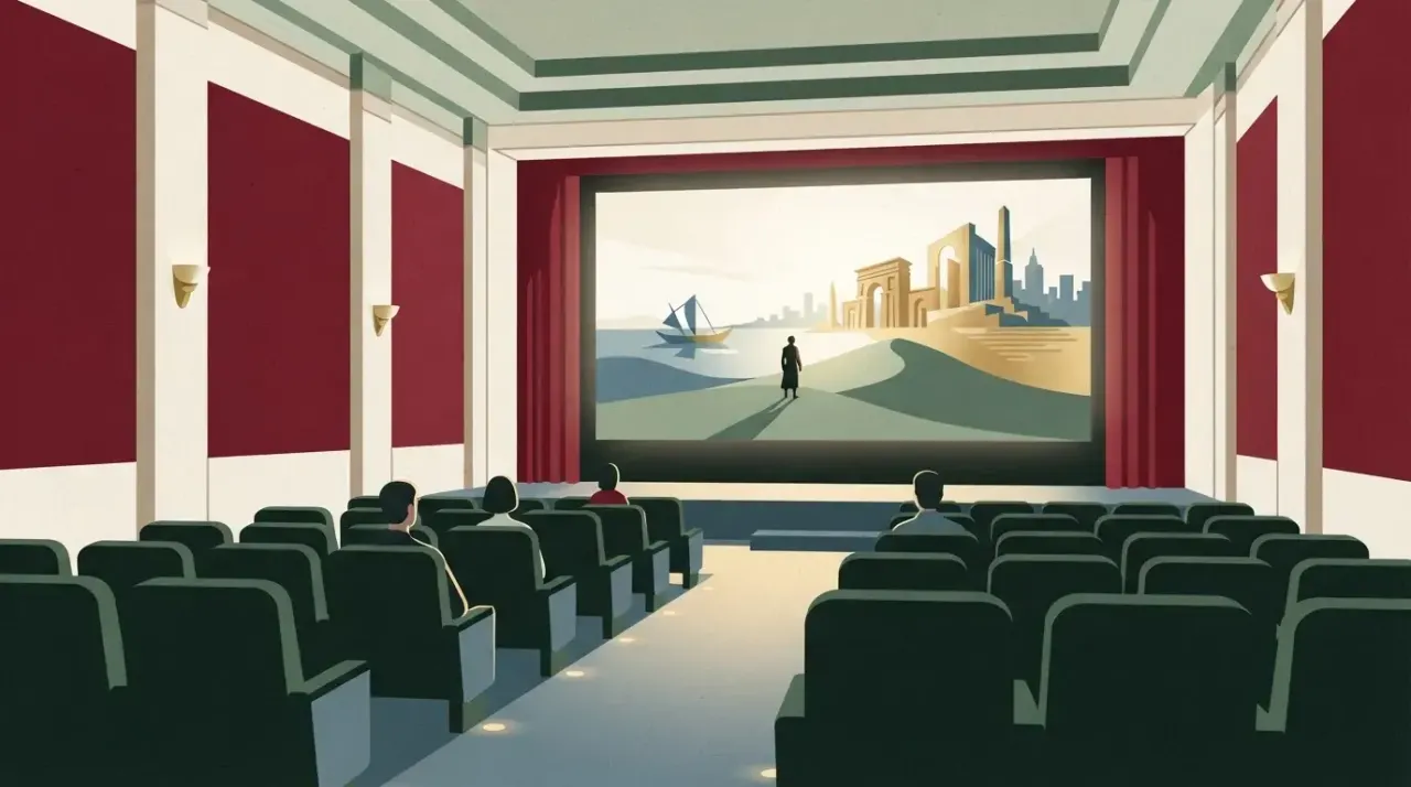 Wnętrze kina z dużym ekranem wyświetlającym film. Na pierwszym planie widać rzędy siedzeń z kilkoma niewyraźnymi…