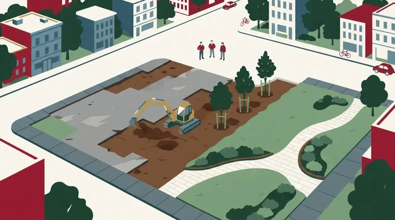 Widok z góry na plac budowy, gdzie koparka usuwa beton, a pracownicy sadzą drzewa i krzewy na skwerze i parkingach.