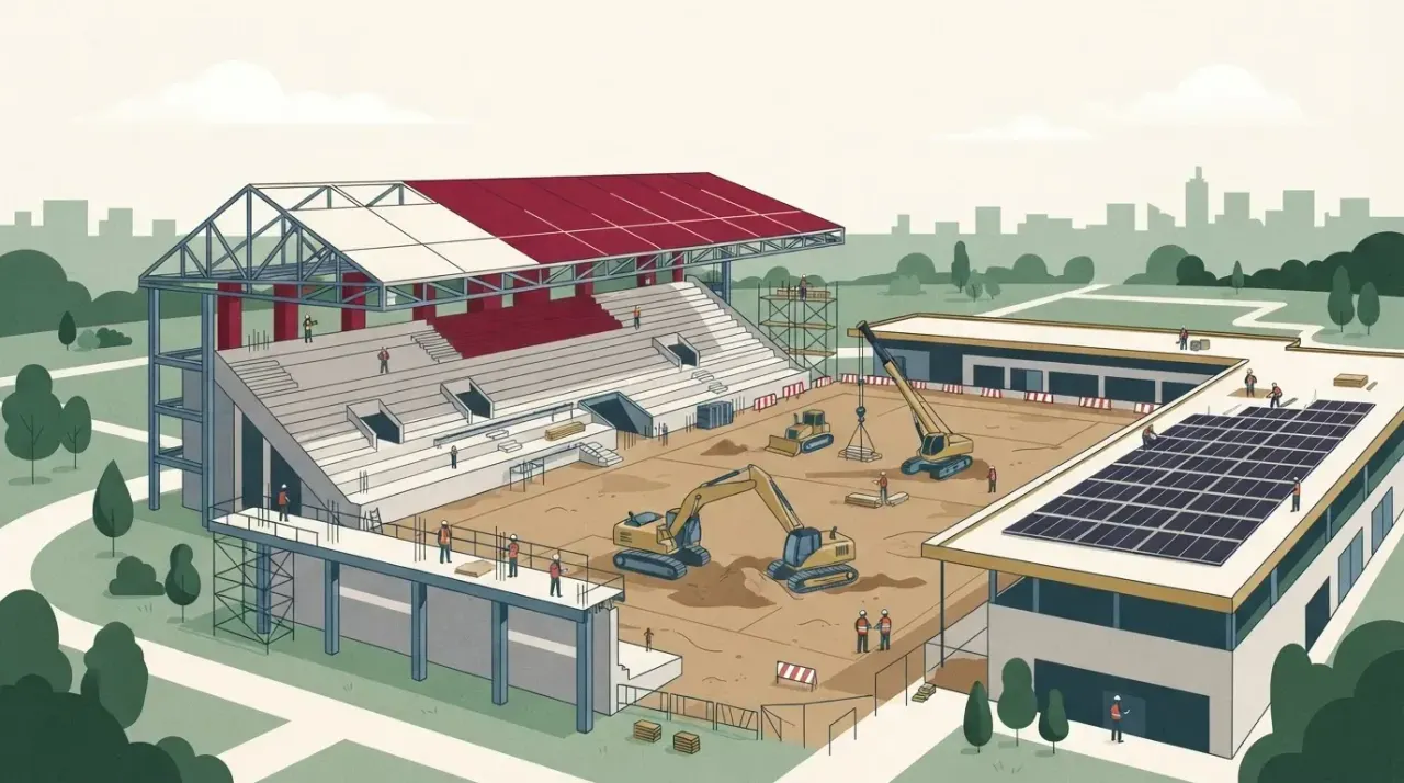 Stadion w budowie z częściowo ukończoną zadaszoną trybuną. Maszyny budowlane na boisku, panele słoneczne na budynku.