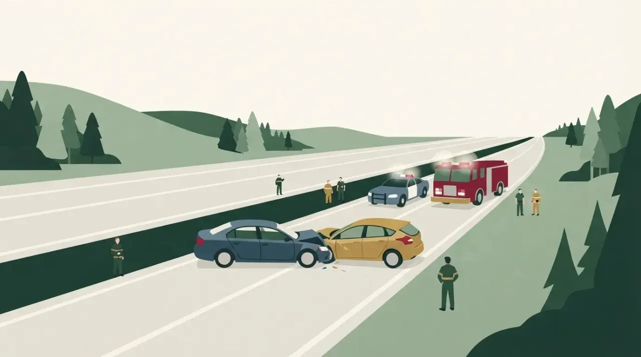 Pusta autostrada z dwoma uszkodzonymi samochodami po kolizji. W pobliżu zaparkowane pojazdy służb ratunkowych i małe…