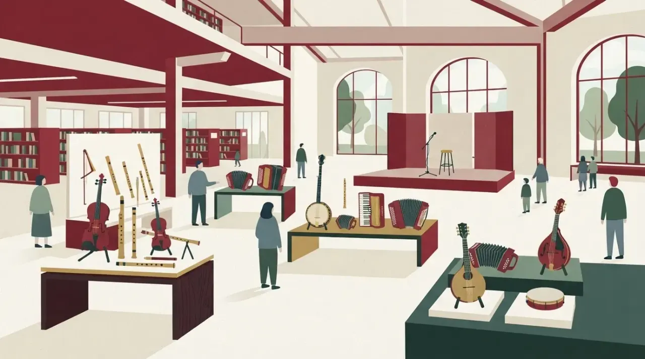 Wystawa instrumentów folkowych w nowoczesnej bibliotece. Na pierwszym planie skrzypce, flety i akordeony. W tle scena…