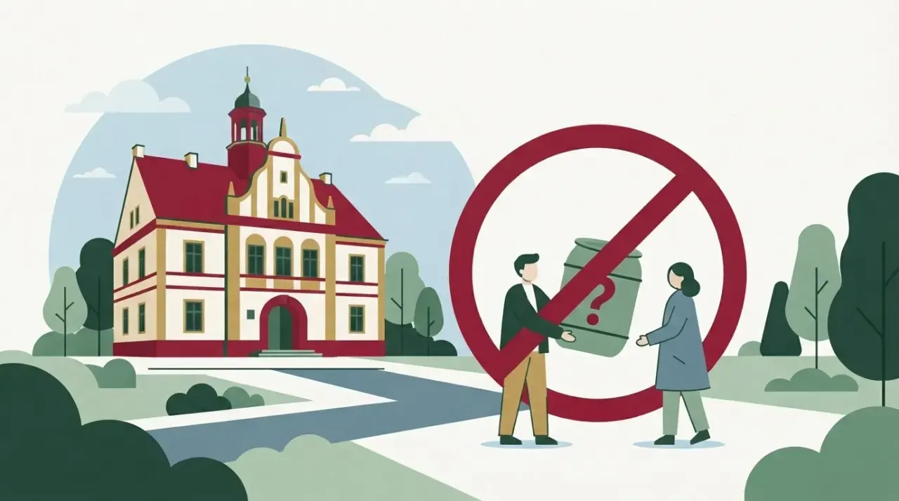 Ilustracja budynku Urzędu Miasta Milanówka z przekreślonym znakiem zakazu, na tle którego osoba oferuje innemu…
