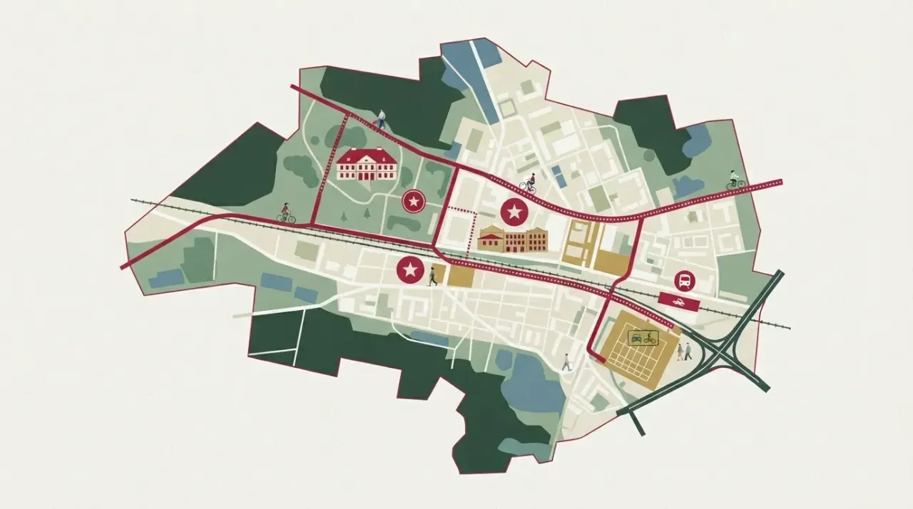 Mapa powiatu grodziskiego z zaznaczonymi trasami ścieżek rowerowych, miejscem na parking Parkuj i Jedź oraz dwoma…