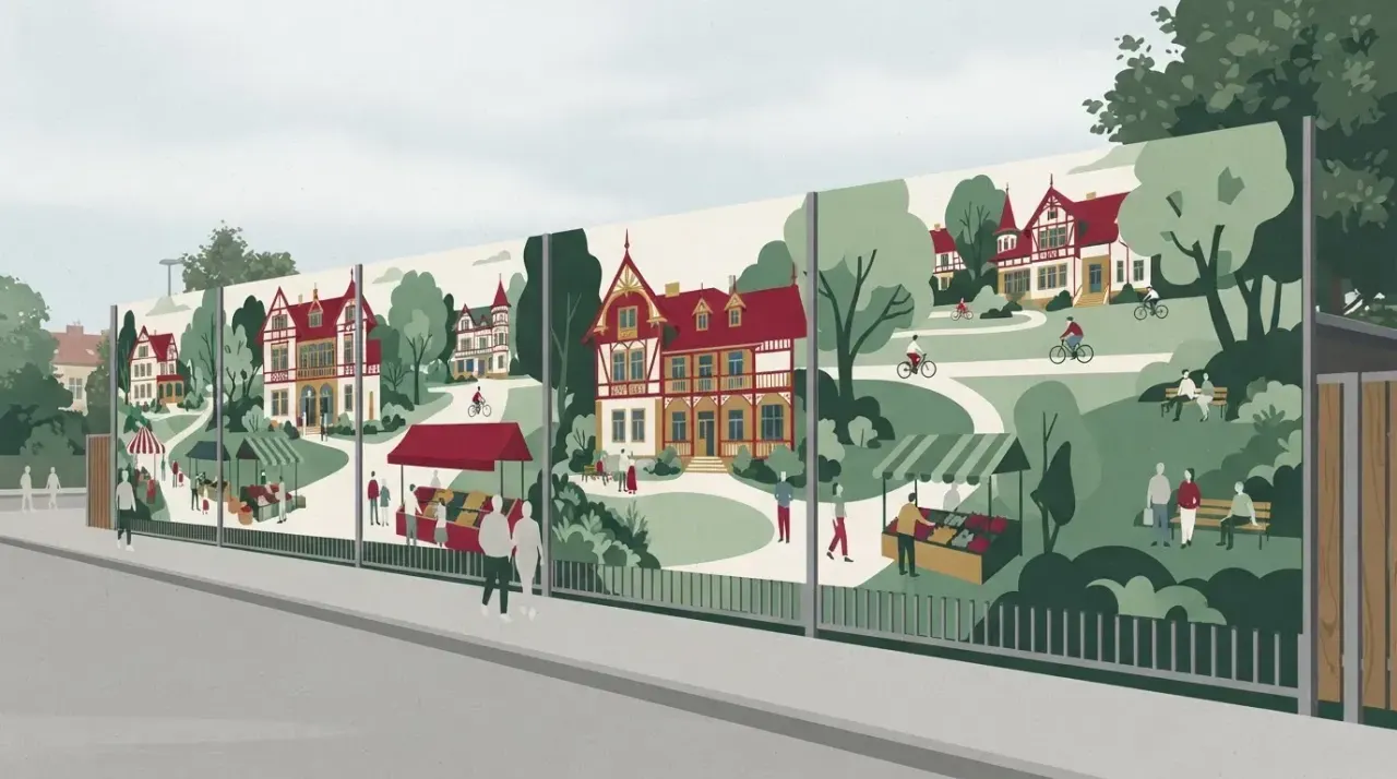 Długi mural na ogrodzeniu targowiska miejskiego w Milanówku, przedstawiający architekturę willową, zieleń i sceny…