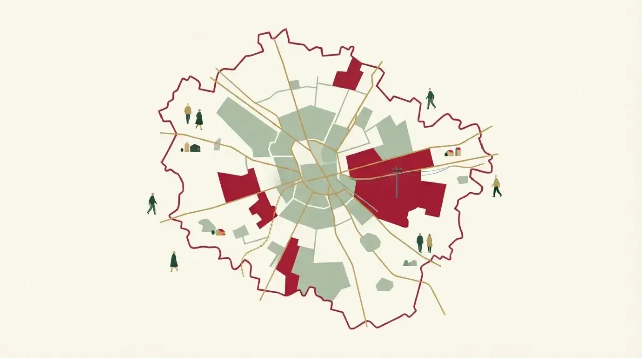 Mapa powiatu grodziskiego z zaznaczonymi na czerwono obszarami planowanych wyłączeń prądu. W tle mały słup energetyczny.