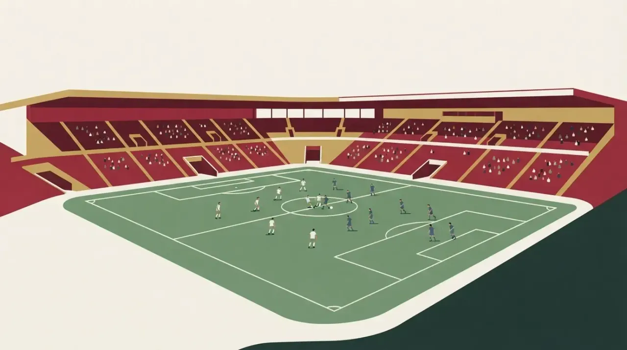 Stadion piłkarski z zieloną murawą i małymi, bezimiennymi piłkarzami w jasnych i ciemnych strojach. W tle trybuny.