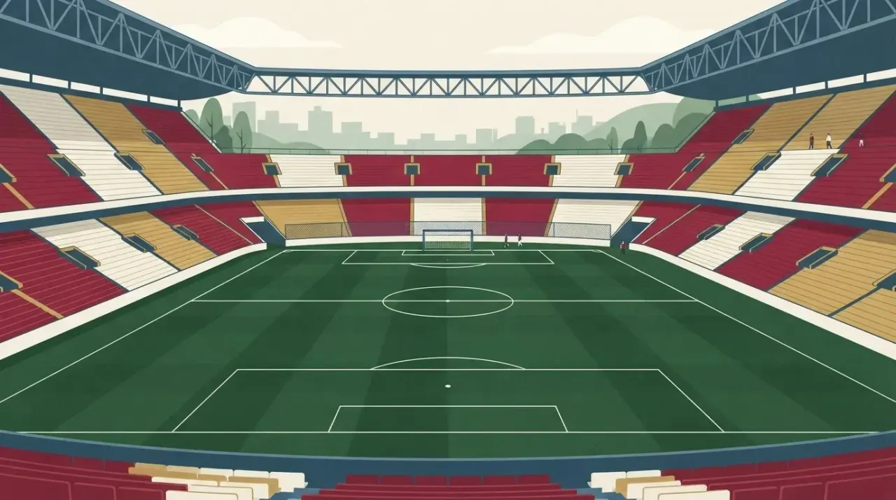 Szeroki plan pustego stadionu piłkarskiego z zieloną murawą i trybunami. W oddali widoczna bramka.