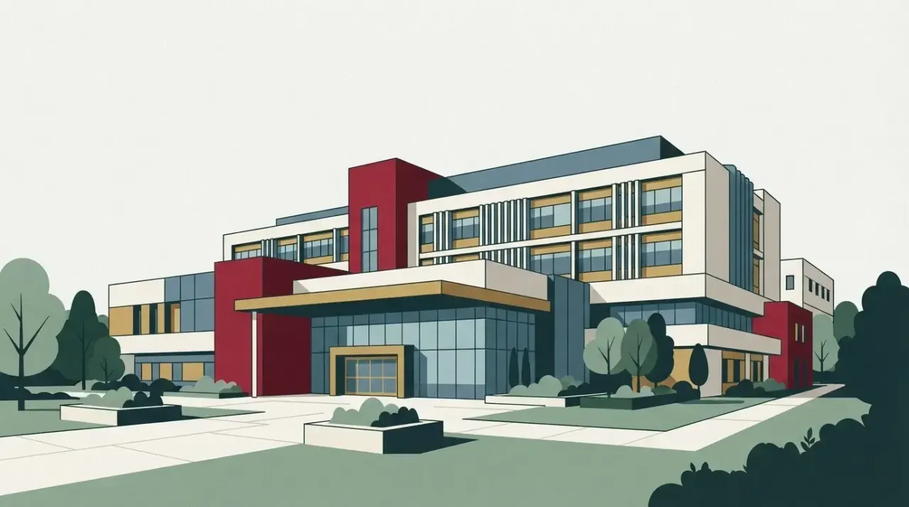 Nowoczesny budynek szpitala z wyraźnym wejściem, widziany z lekkiego oddalenia. Architektura jest czysta i funkcjonalna.