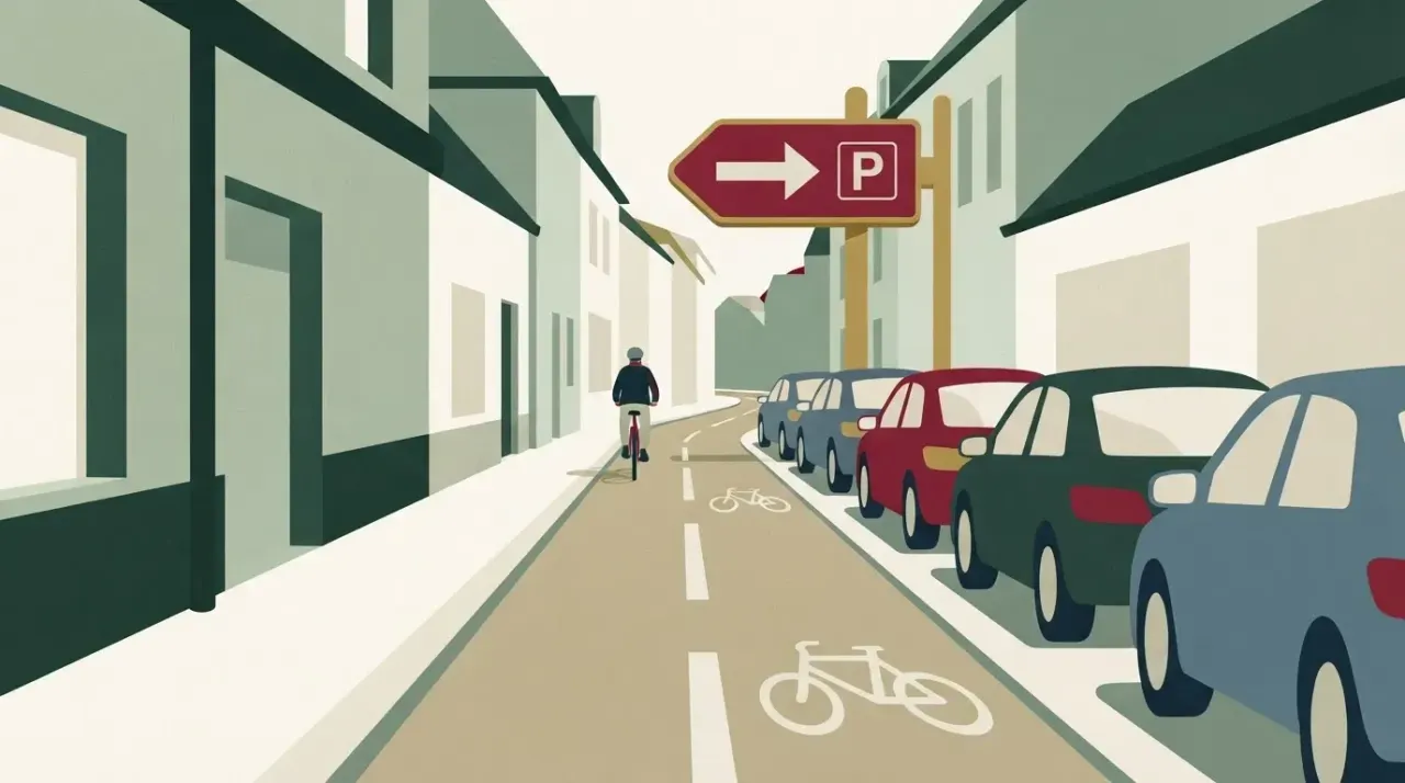 Wąska ulica z zaparkowanymi samochodami. Na jezdni wyznaczona ścieżka rowerowa z jadącym rowerzystą. W tle znak…