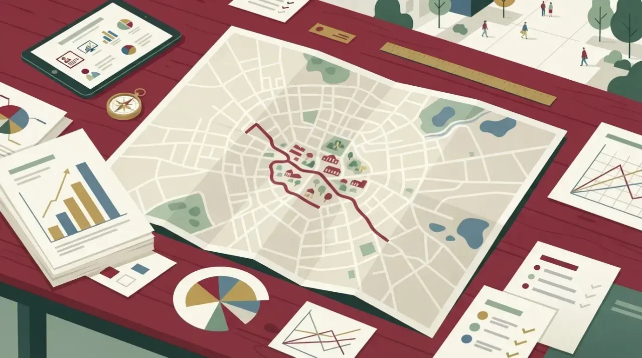 Mapa Grodziska Mazowieckiego z zaznaczoną ulicą, otoczona dokumentami i wykresami finansowymi na stole.