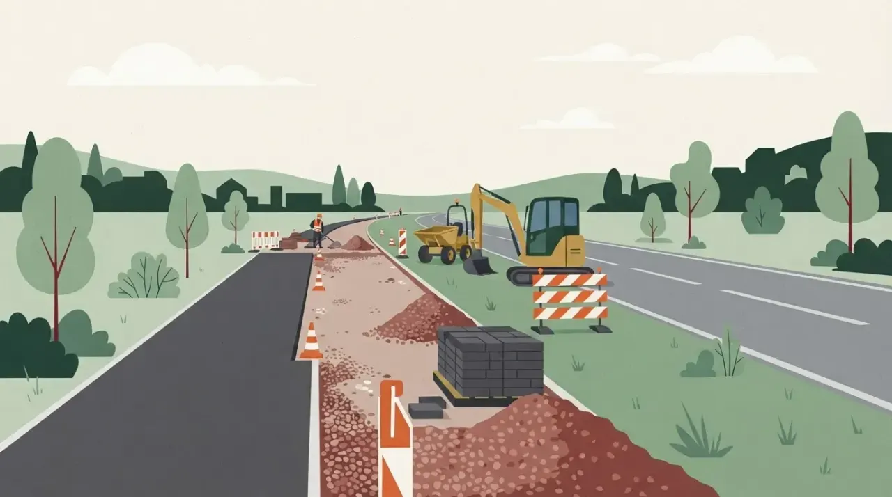 Plac budowy z częściowo ułożoną asfaltową ścieżką rowerową, obok drogi. Widoczne materiały budowlane i sprzęt, w…