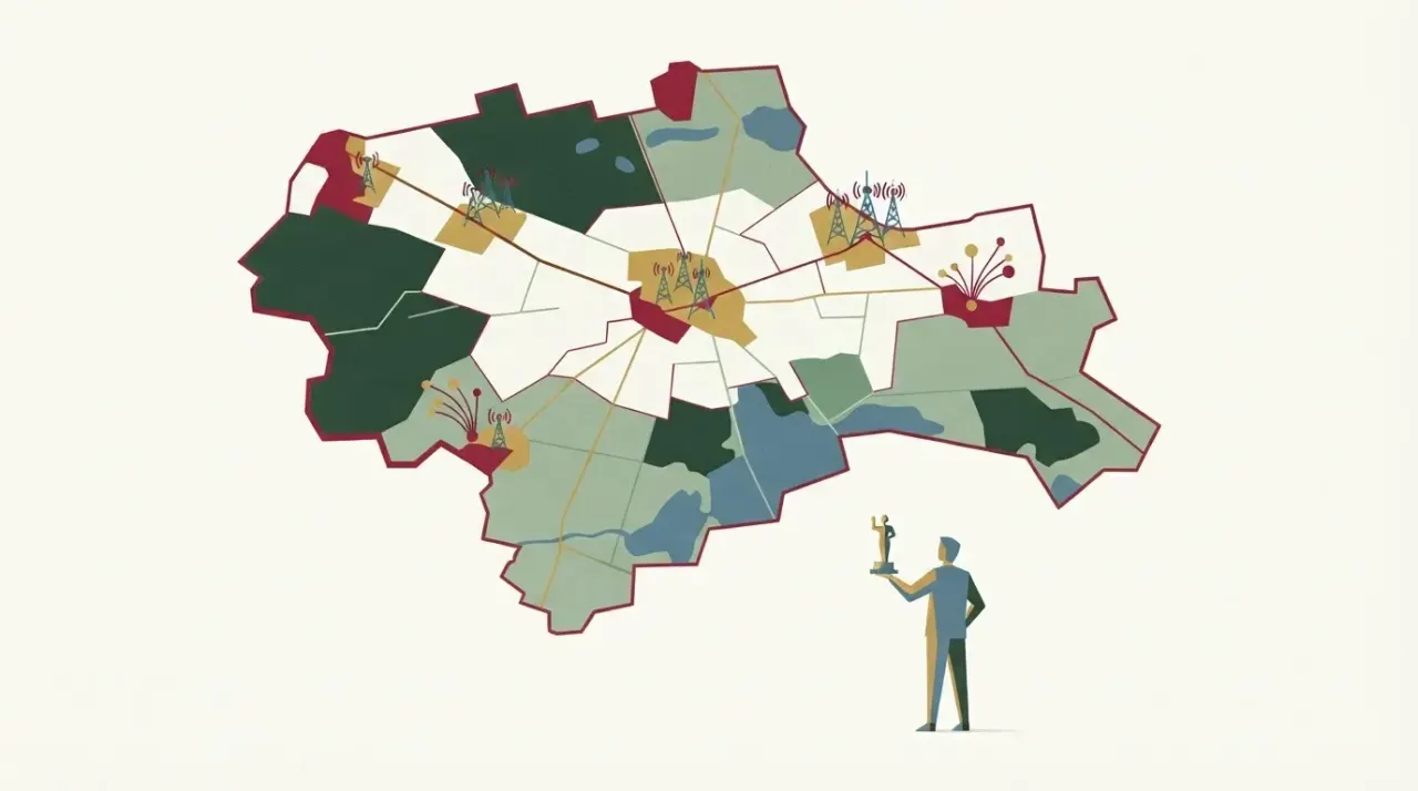 Mapa gminy Żabia Wola z zaznaczonymi obszarami rozwoju infrastruktury telekomunikacyjnej i mała postać trzymająca…