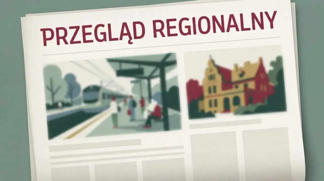 Zbliżenie na gazetę 'Przegląd Regionalny' z rozmytymi zdjęciami stacji kolejowej i zabytkowego budynku na pierwszej…