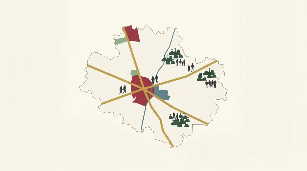 Mapa powiatu grodziskiego z zaznaczonymi drogami i cmentarzami, symbolizująca wzmożone patrole policji.