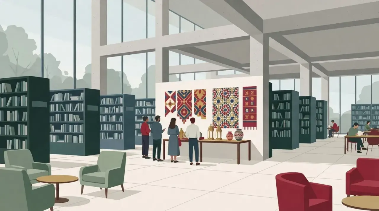 Wnętrze nowoczesnej biblioteki Mediateka z regałami i miejscami do siedzenia. Mała grupa ludzi ogląda wystawę o Maroku.